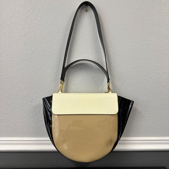 Wandler Hortensia Shoulder Bag Patent Leather Black Tan Colorblock Purse Womens